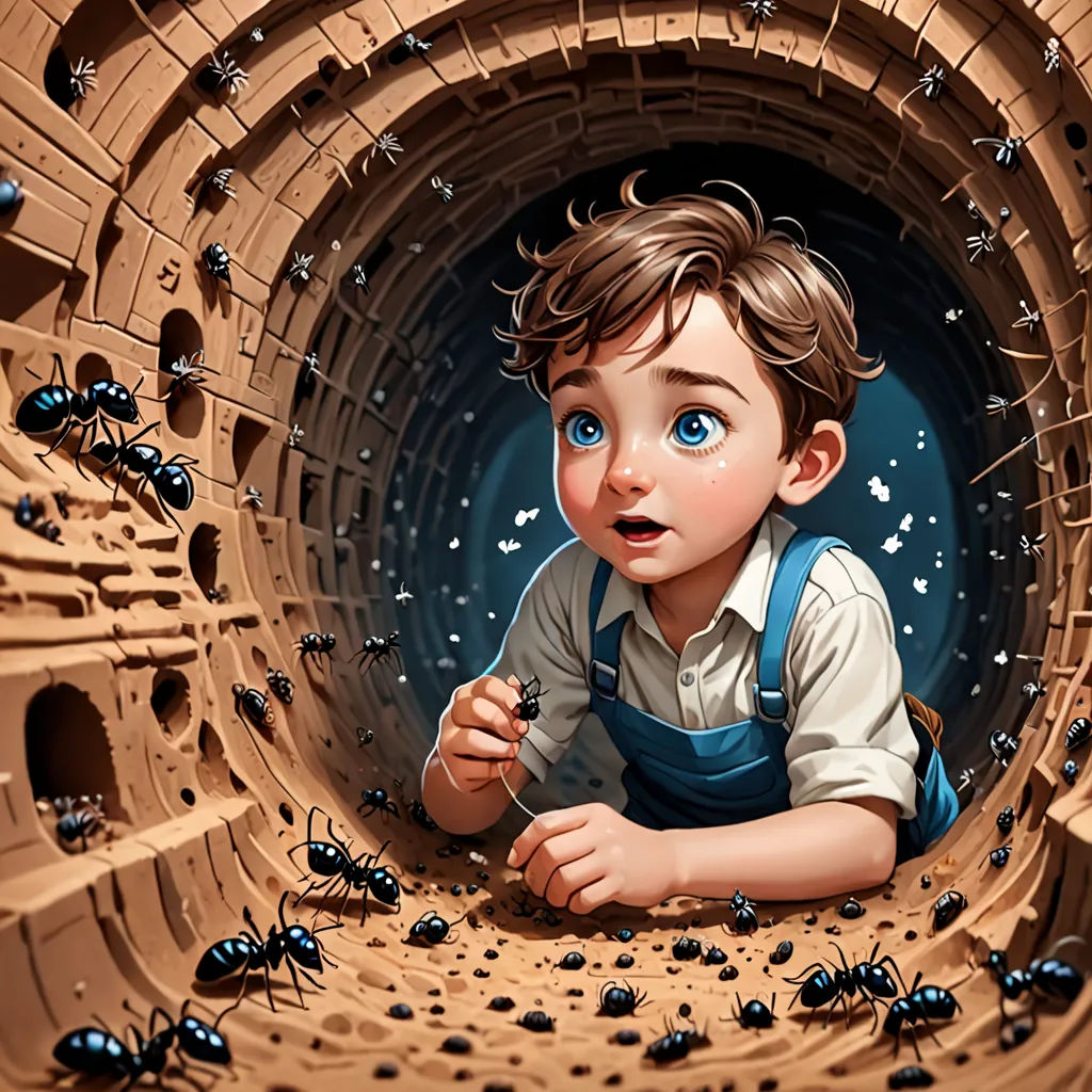 a boy is sitting in a hole with many bugs around him and looking at the camera with a surprised look on his face, fantasy art, a storybook illustration, Cyril Rolando, highly detailed digital painting