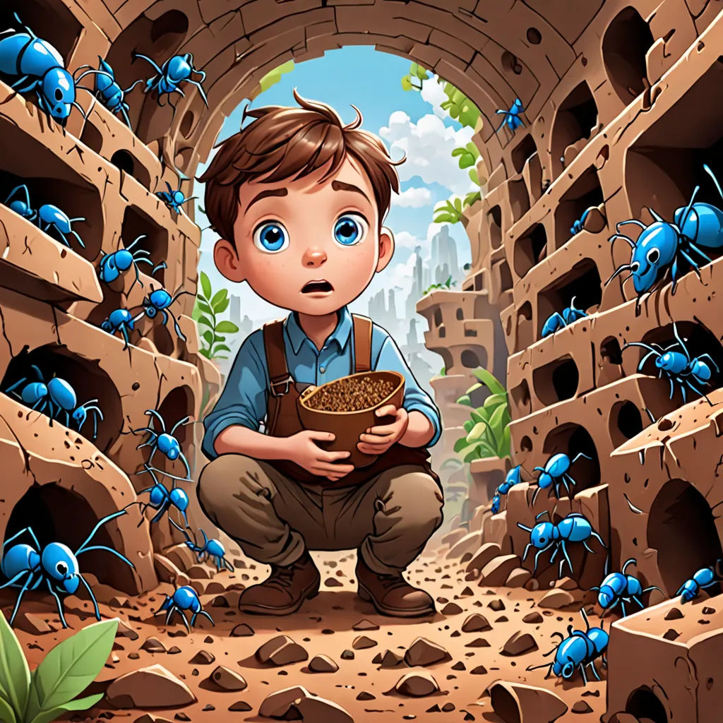 a boy kneeling down in a tunnel with many blue bugs around him and a bowl of food in his hands, fantasy art, a storybook illustration, Aaron Jasinski, 2 d game art