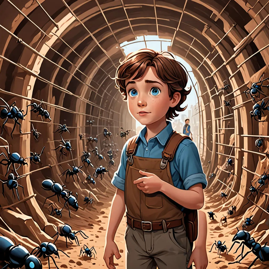 a boy in a tunnel with many bugs around him and a man in a blue shirt and khaki pants, fantasy art, a storybook illustration, Aaron Jasinski, storybook illustration