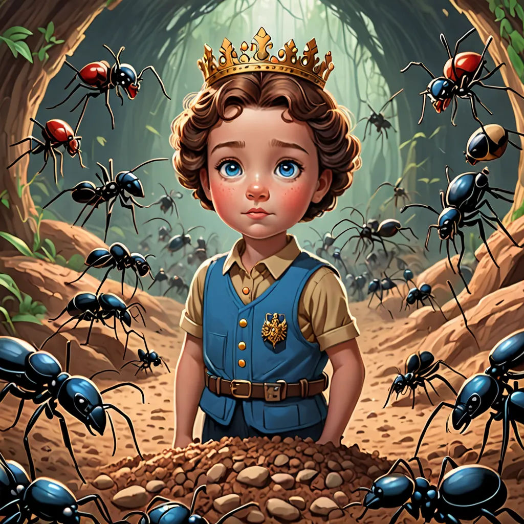 a little girl standing in a group of ants with a crown on her head and a lot of ants crawling around her, pop surrealism, a storybook illustration, Chris LaBrooy, storybook illustration