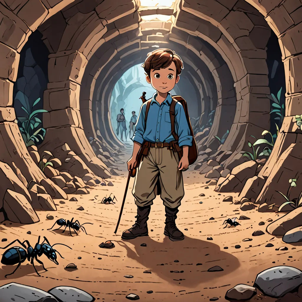 a boy with a stick in a cave with a bug crawling around him and another bug crawling around him, les nabis, concept art, Cliff Childs, promotional image
