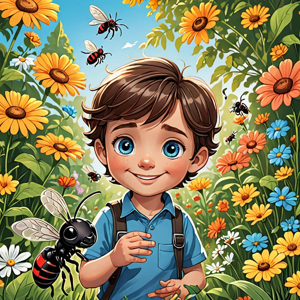a boy with a backpack and a bee in a field of flowers and sunflowers with a blue sky, lyco art, a storybook illustration, Aaron Jasinski, comic cover art