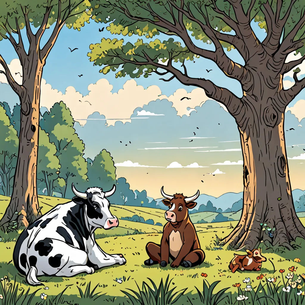 a cow and a cow sitting in a field next to a tree and a cow laying down in the grass, environmental art, a storybook illustration, Chris Ware, storybook illustration
