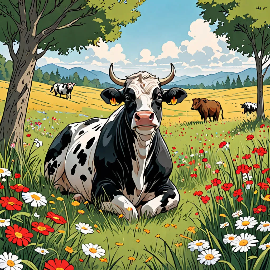 a cow is sitting in a field of flowers and trees with other cows in the background, and a blue sky with clouds, synthetism, a storybook illustration, Asaf Hanuka, josan gonzales and dan mumford