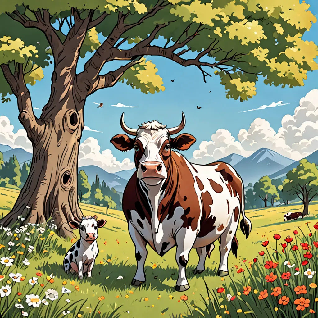 a cow and calf standing in a field next to a tree and flowers with mountains in the background and clouds in the sky, environmental art, a storybook illustration, Chris LaBrooy, behance hd