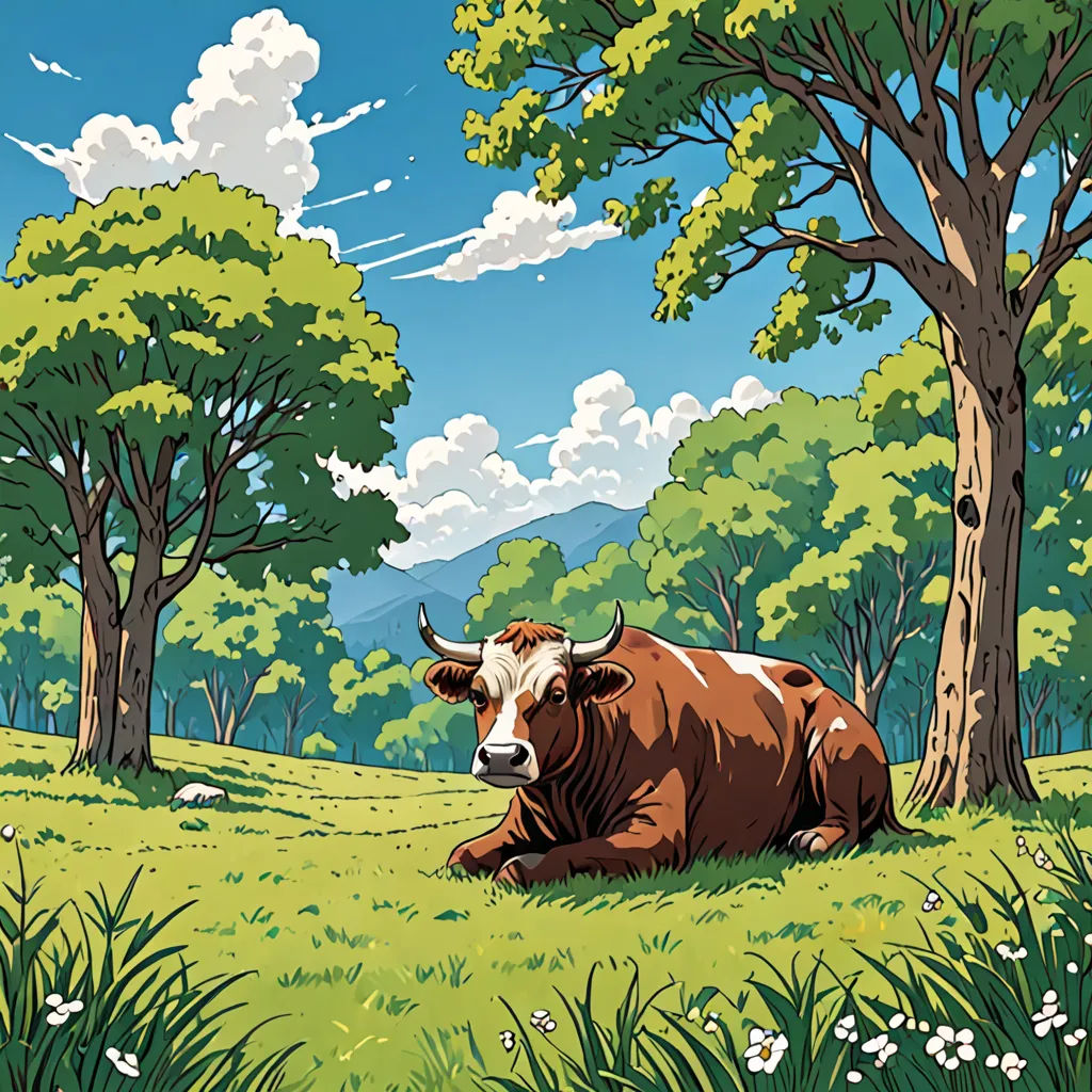 a cow laying in the grass near a tree and a hill with clouds in the sky above it and a few white flowers, environmental art, an album cover, Chris LaBrooy, promotional image