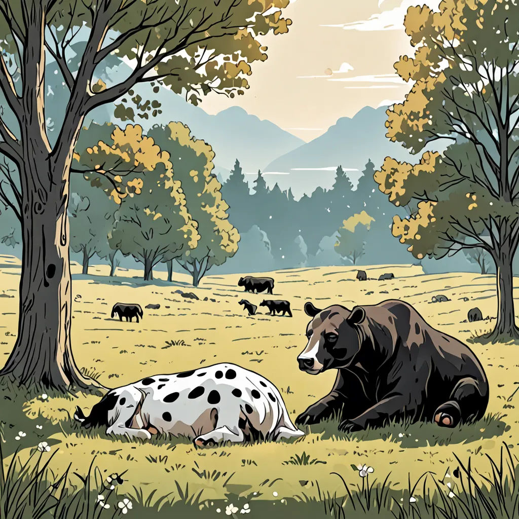 a bear and a cow are laying in the grass in a field with trees and mountains in the background, american scene painting, a storybook illustration, Chris Ware, storybook illustration