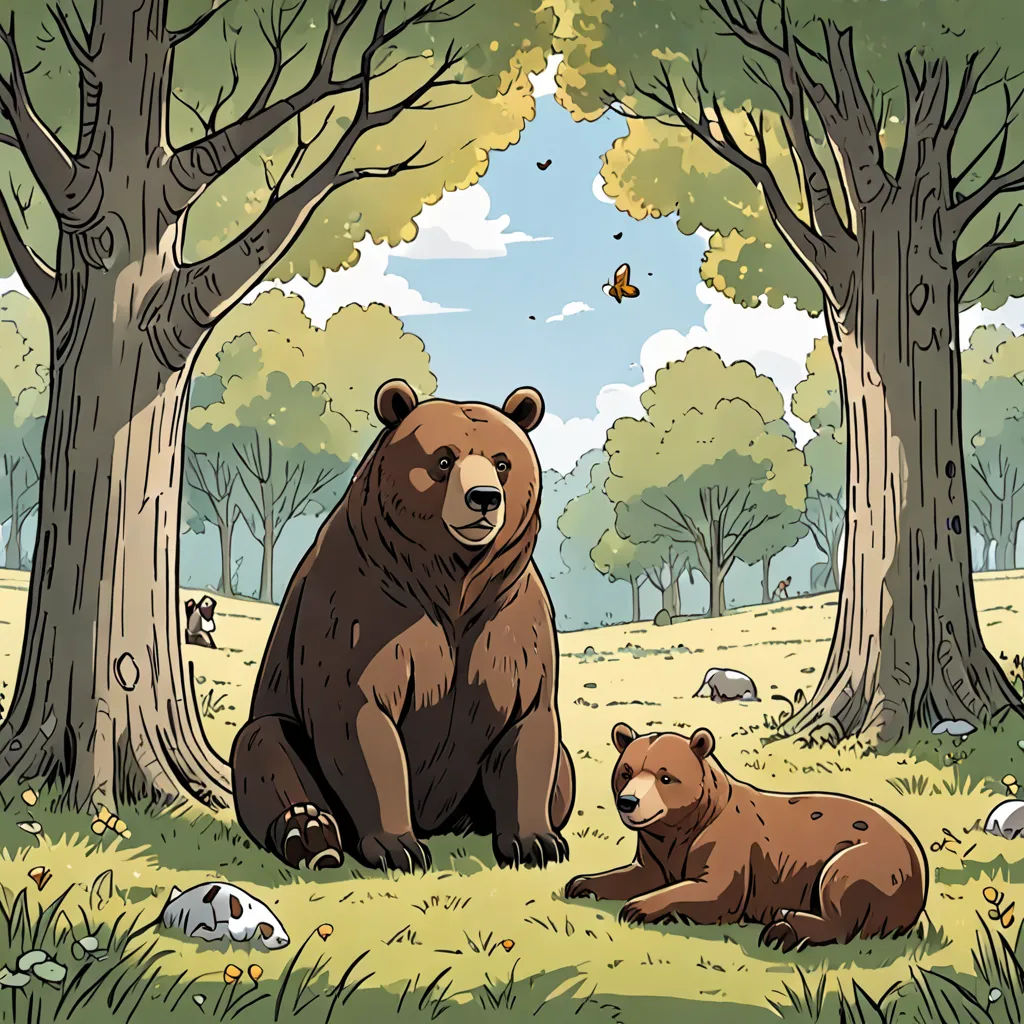 a bear and a bear cub sitting in the grass in a forest with trees and rocks on the ground, environmental art, a storybook illustration, Farel Dalrymple, official art