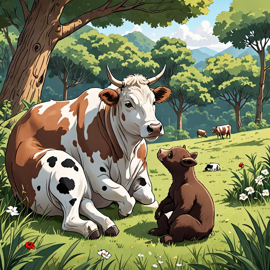a cow and a bear are sitting in the grass together in a field with trees and flowers in the background, american scene painting, a storybook illustration, Chris LaBrooy, storybook illustration