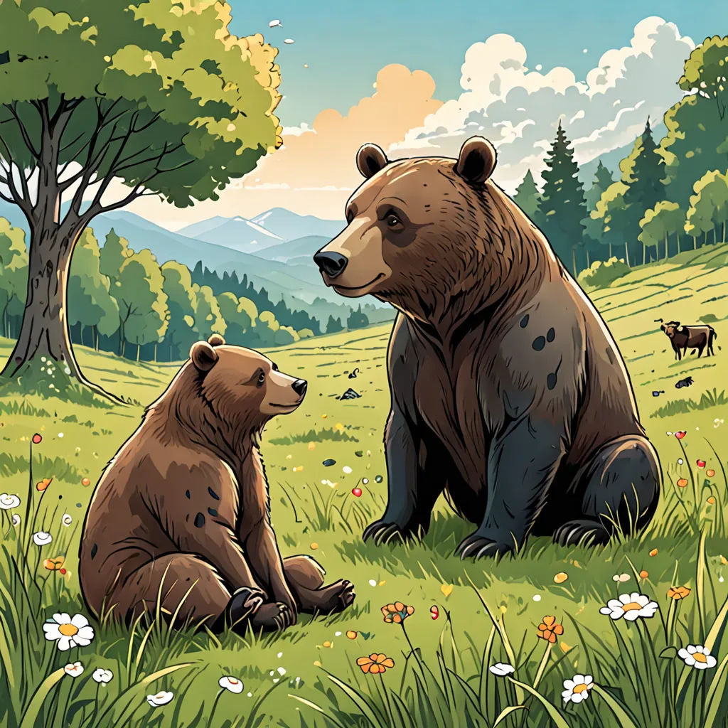 a couple of bears sitting on top of a grass covered field next to a forest filled with trees and flowers, environmental art, a storybook illustration, Chris LaBrooy, josan gonzales and dan mumford
