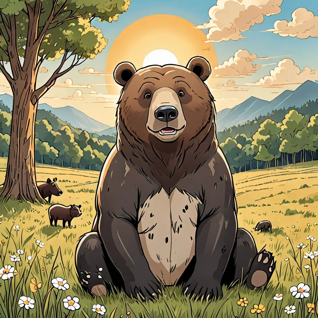 a bear sitting in a field with a forest in the background and a sun in the sky above it, furry art, a storybook illustration, Chris LaBrooy, behance hd