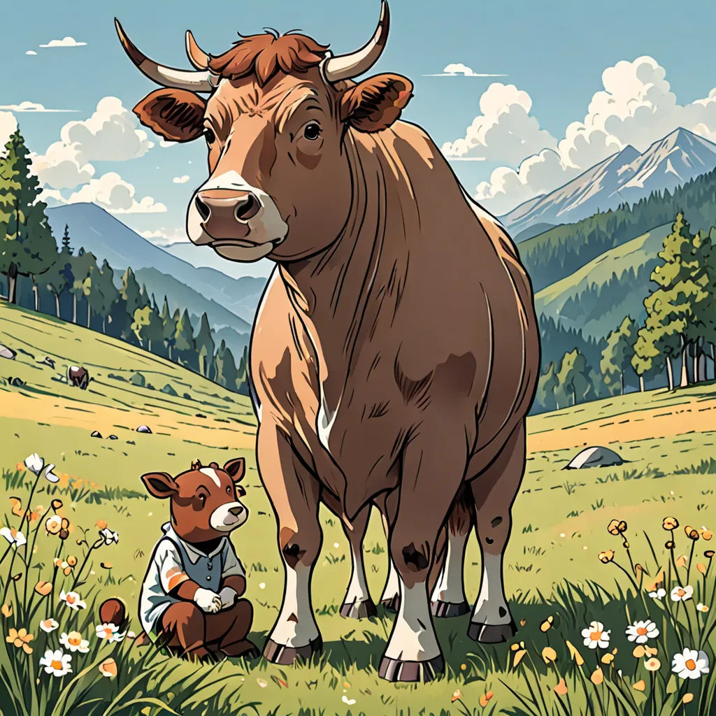 a cow and a little bear are in a field with mountains in the background and clouds in the sky, context art, a storybook illustration, Asaf Hanuka, josan gonzales and dan mumford