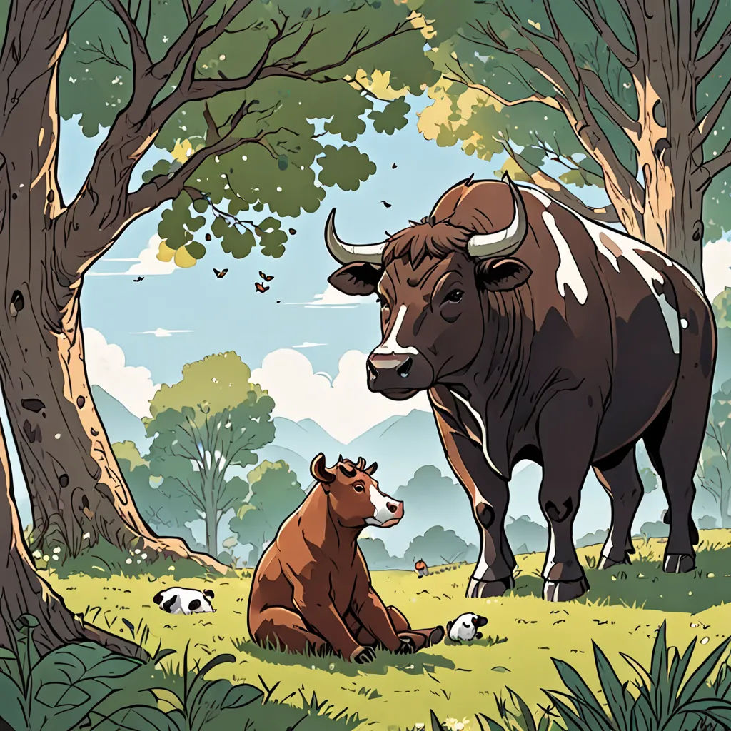 a cow and a bear are in the woods together, with trees and grass in the background, and a sky with clouds, environmental art, a storybook illustration, Asaf Hanuka, storybook illustration