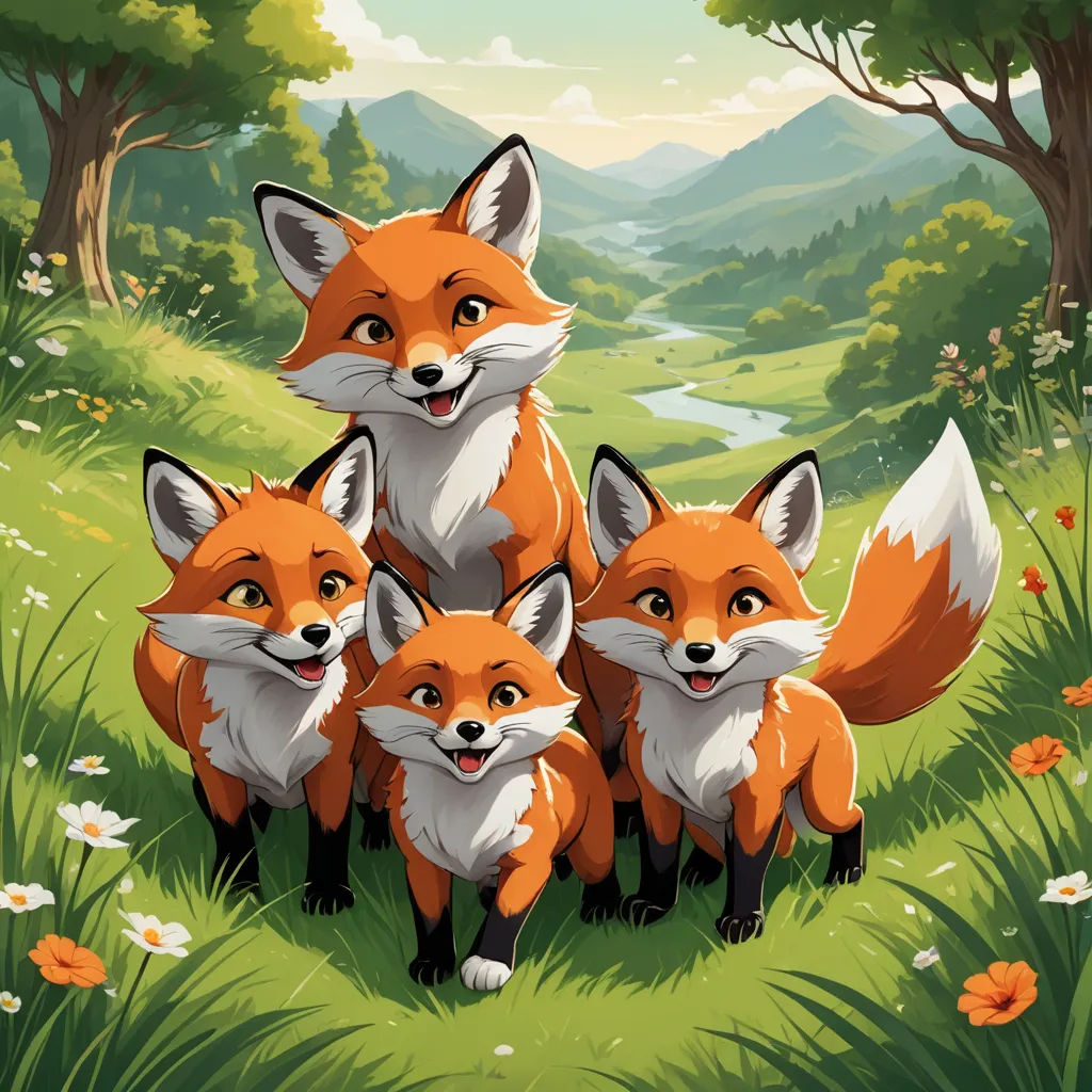 a group of foxes standing in a field of grass and flowers with a river in the background and trees, furry art, a storybook illustration, Anne Said, furaffinity