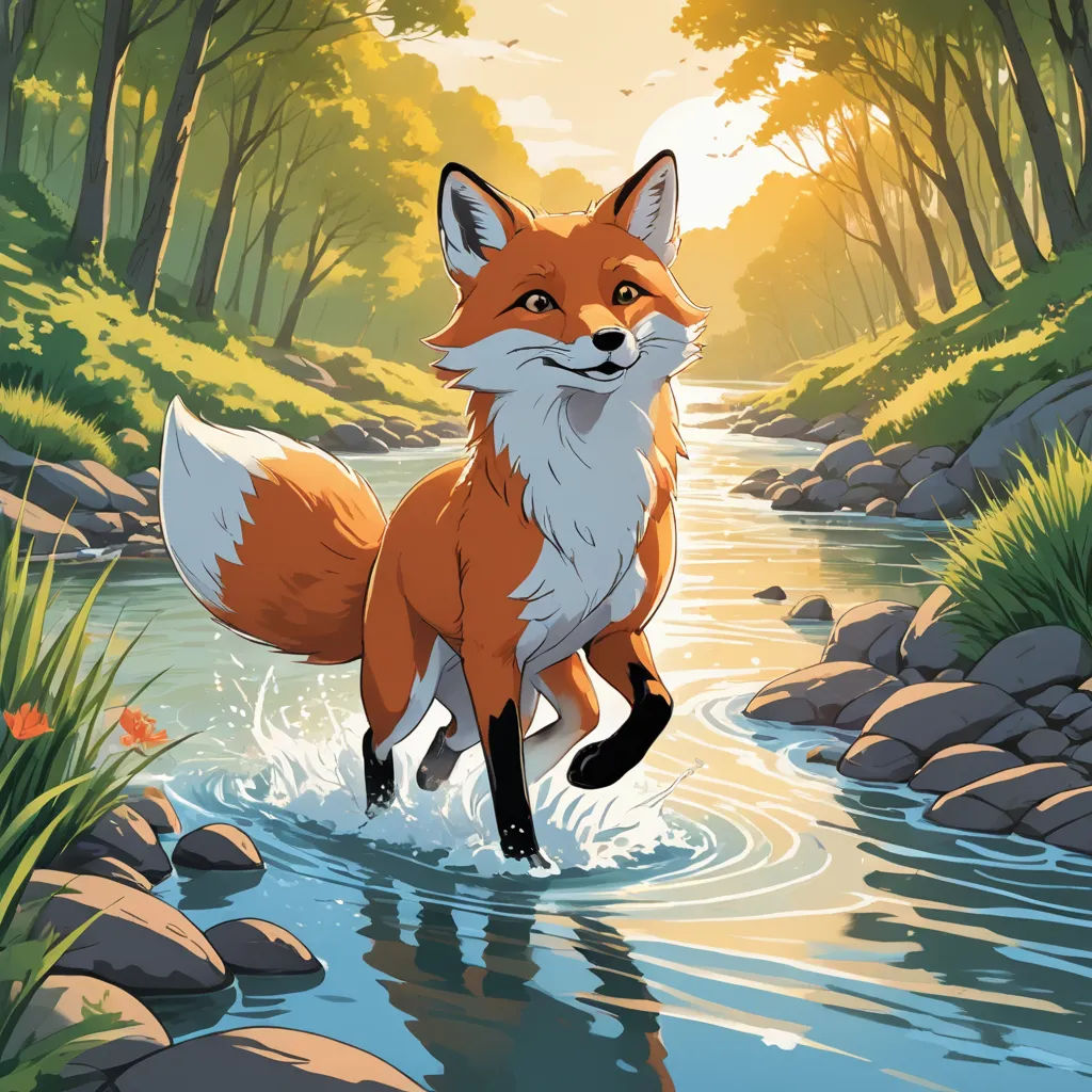 a fox is running through a river in the woods with rocks and grass on the bank and a stream running through it, furry art, a storybook illustration, Cliff Childs, official art