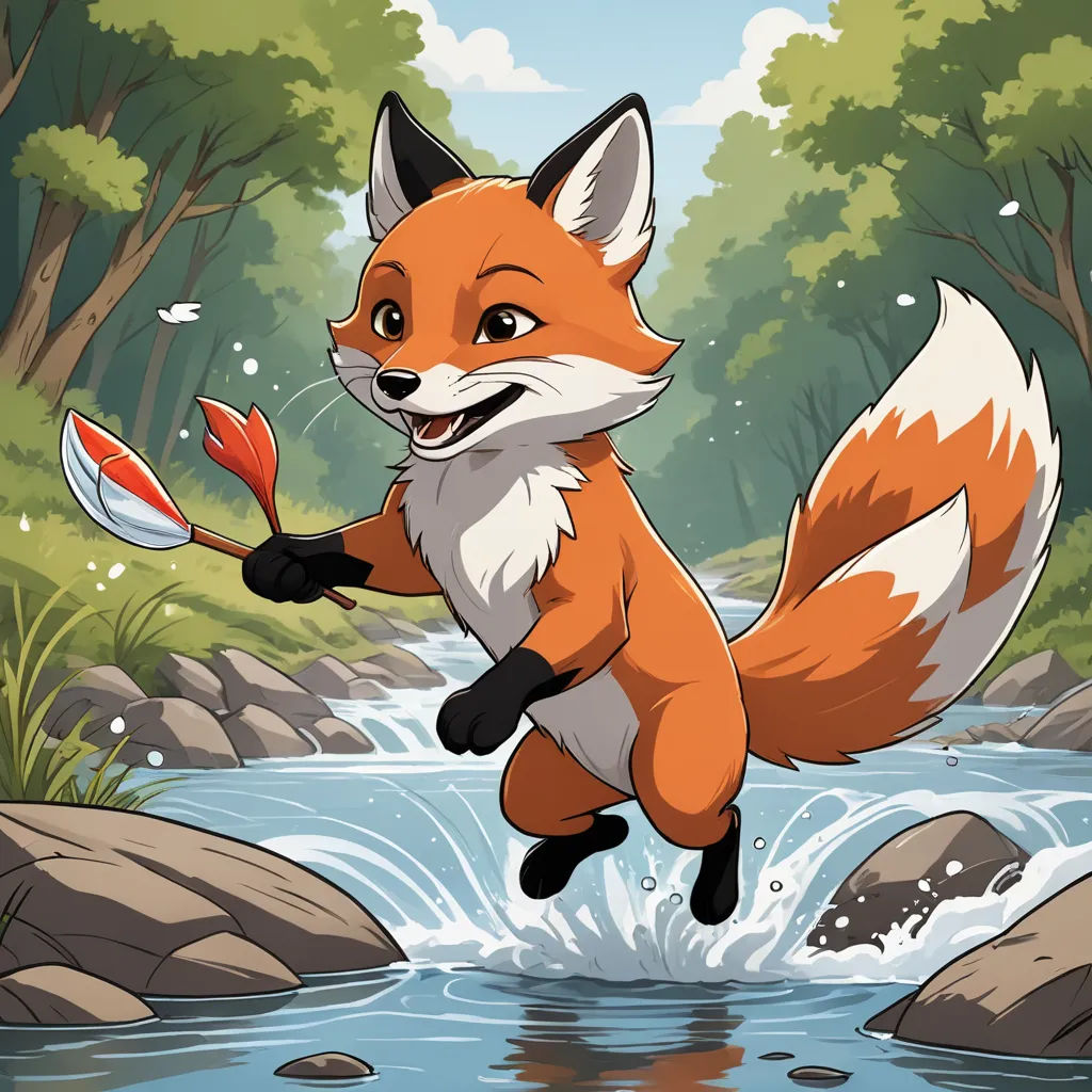 a fox is jumping into a river with a frisbee in its mouth and a stream running behind it, furry art, a character portrait, Anne Said, splash art