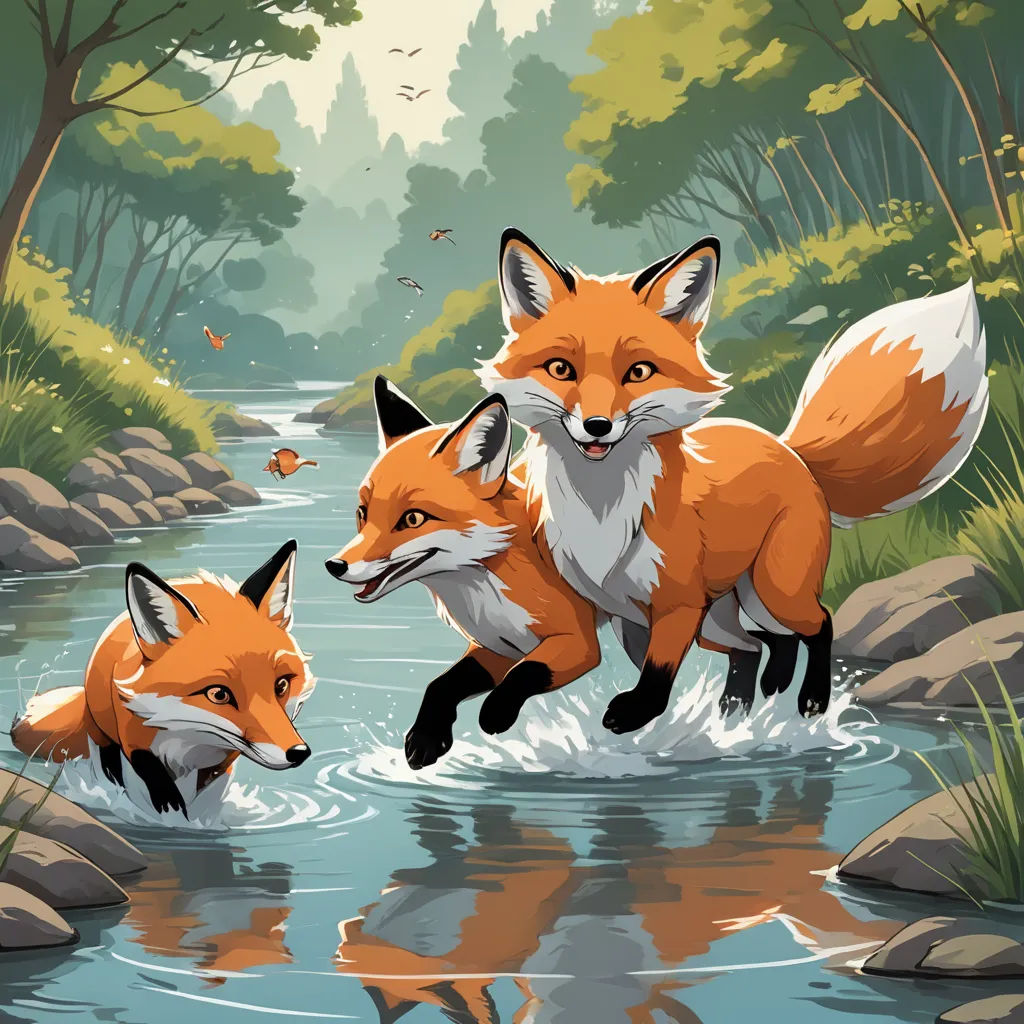 a couple of foxes are walking through a river together, with a forest in the background and a stream running through the woods, furry art, a storybook illustration, Dan Mumford, furaffinity