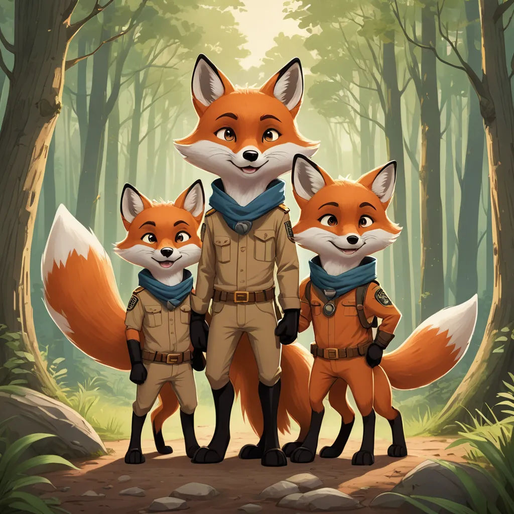 a group of foxes standing next to each other in a forest with trees and rocks on the ground and a man in a suit, sots art, concept art, Cliff Childs, key art