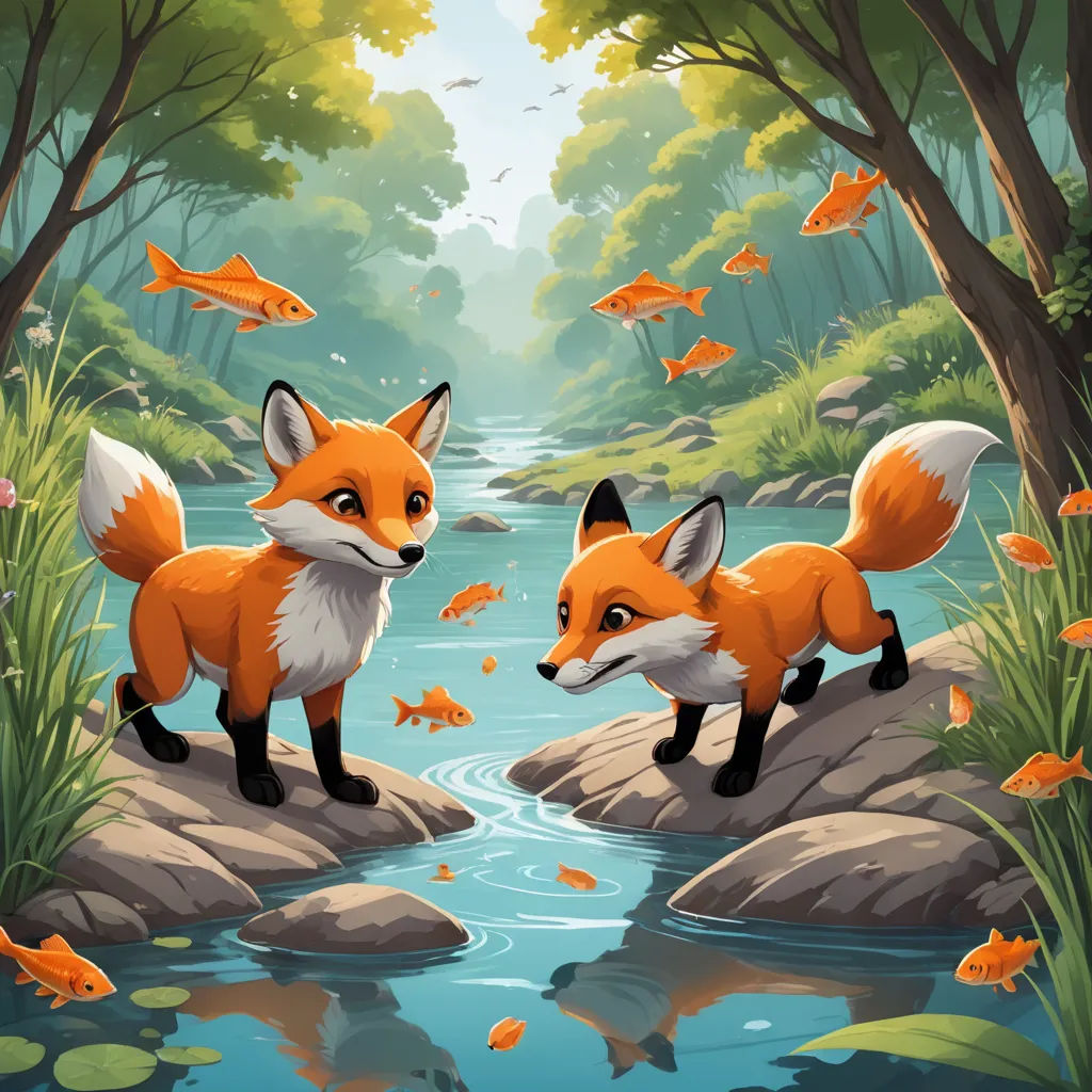 a fox and a fox cub are standing on rocks in a river surrounded by fish and trees, with a stream running through it, furry art, a storybook illustration, Cyril Rolando, lostfish