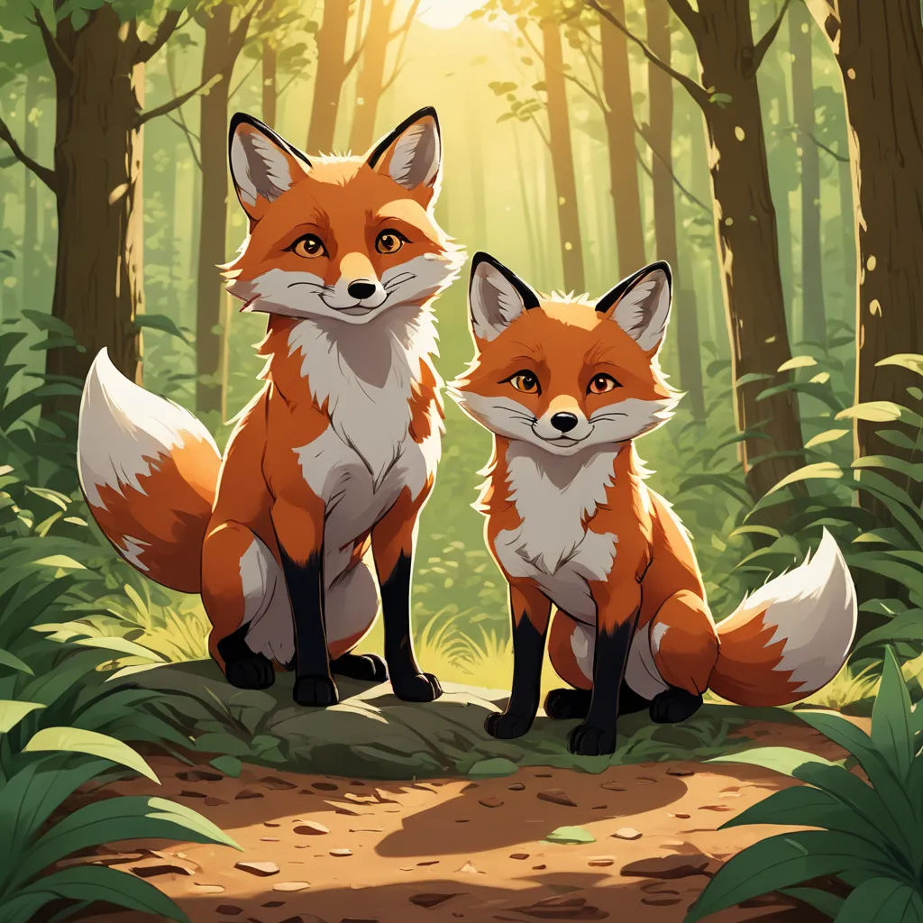 two foxes sitting in the woods looking at the camera with a bright light behind them and a path leading to them, furry art, a storybook illustration, Brothers Hildebrandt, official art