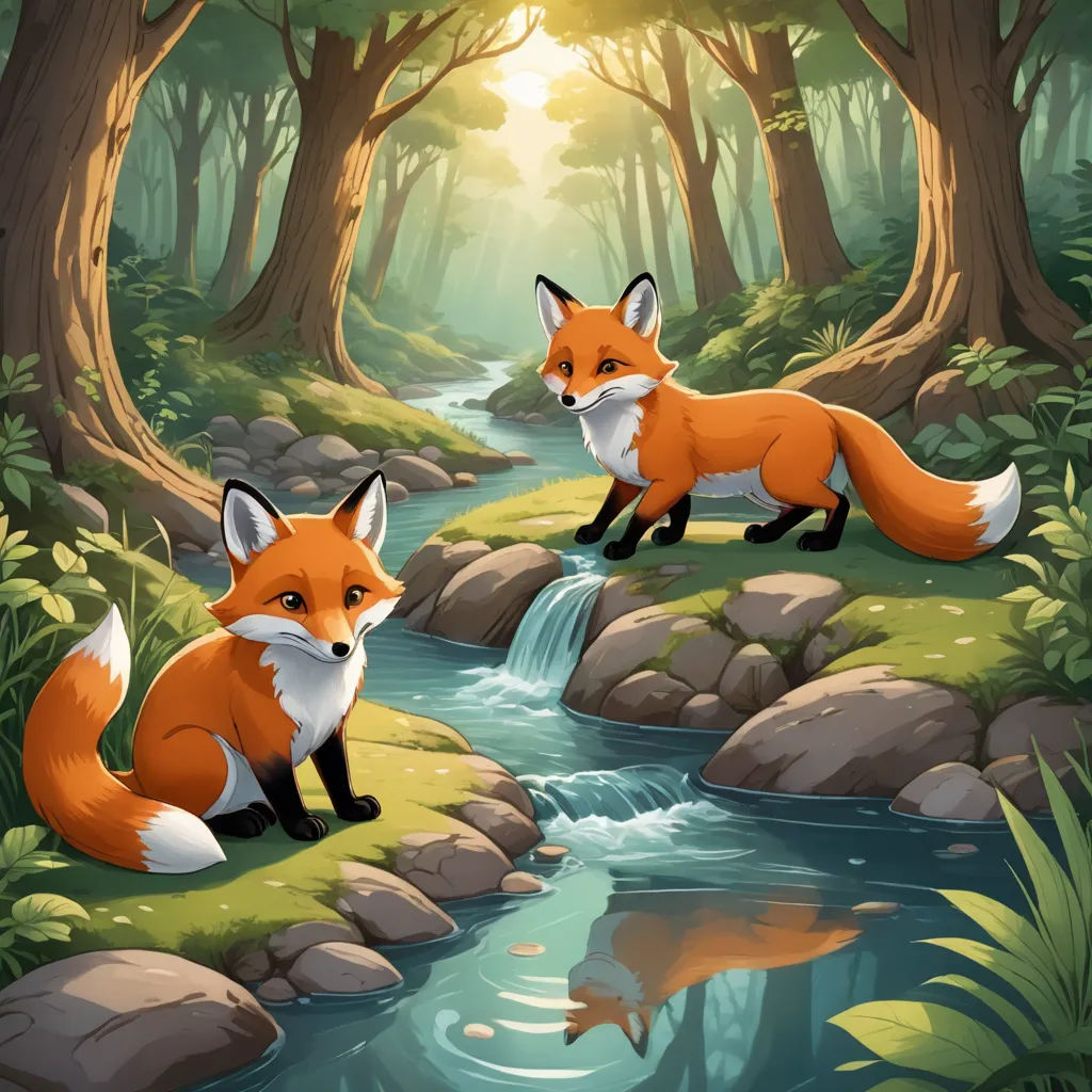 a fox and a fox cub are sitting on the rocks near a stream in the forest with a sunbeam, fantasy art, a storybook illustration, Cyril Rolando, forest