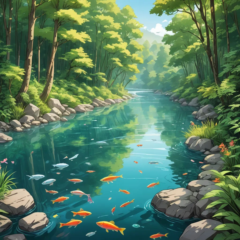 a river with many fish swimming in it and trees around it and rocks and grass around it and a few bushes and trees, environmental art, a detailed matte painting, Chris LaBrooy, river