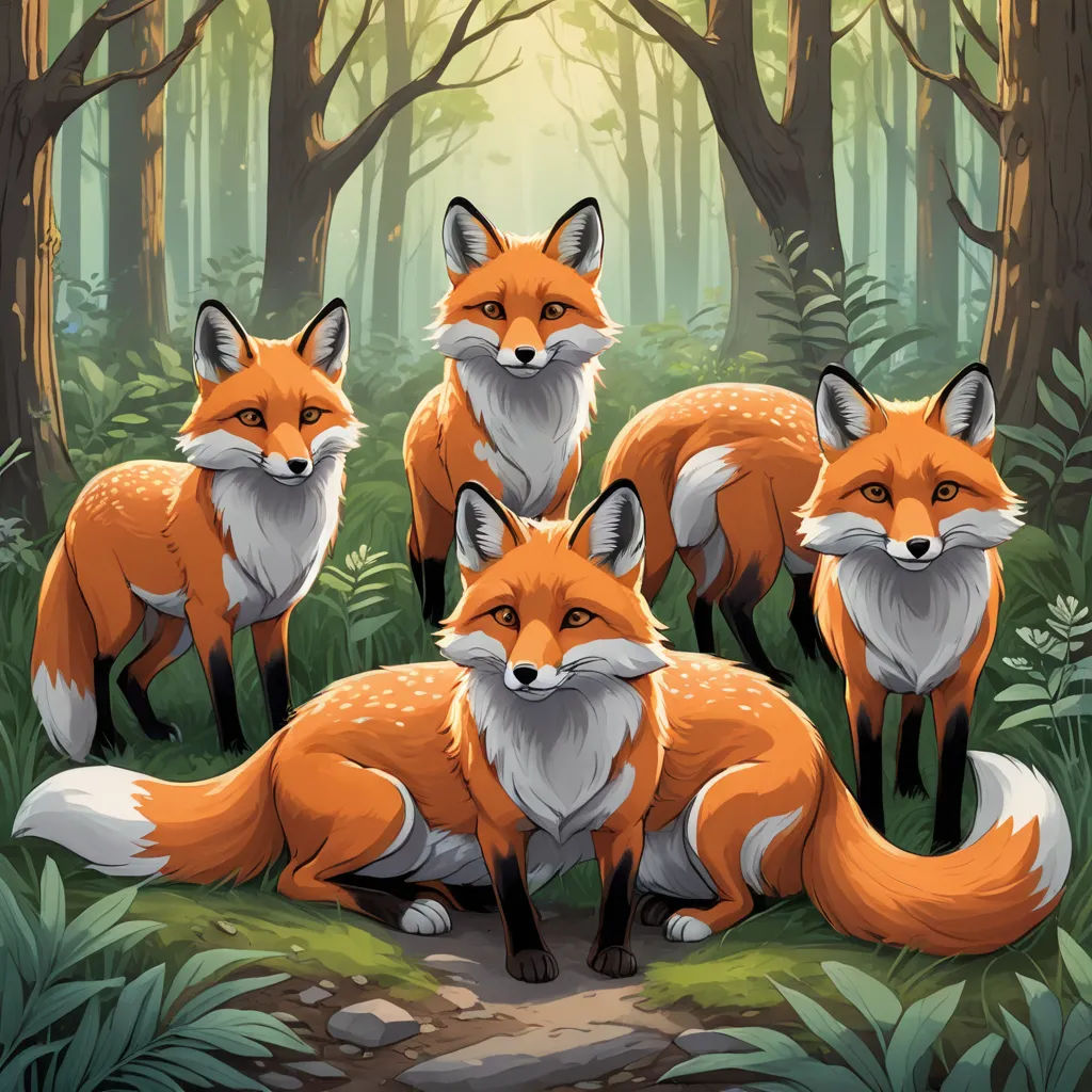 a group of foxes in a forest with trees and grass around them, with a path leading to them, furry art, a storybook illustration, Dan Mumford, furaffinity
