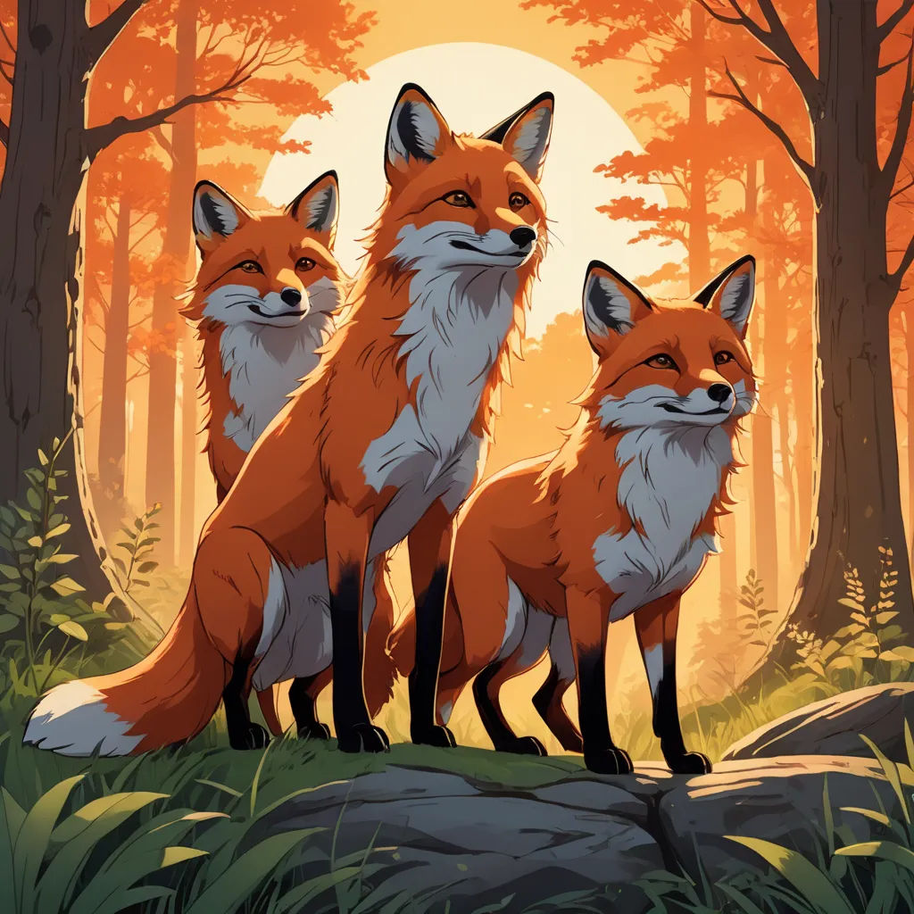 two foxes are sitting on a rock in the woods at sunset, with the sun shining through the trees, furry art, an album cover, Dan Mumford, official art