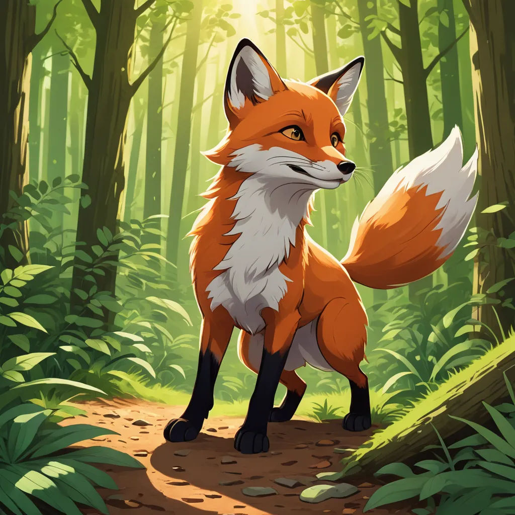 a fox standing in the middle of a forest with sunlight coming through the trees and leaves on the ground, furry art, a digital painting, Brom, official art