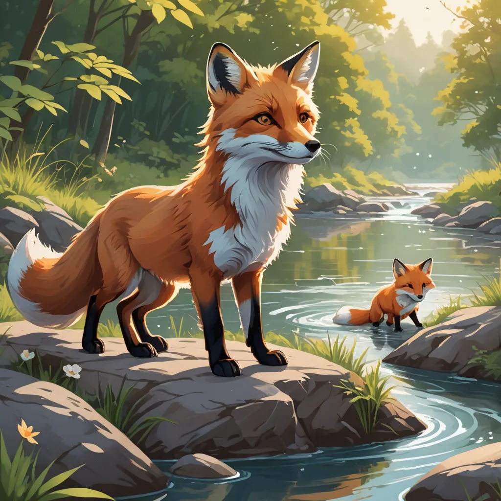 a fox and a fox cub are standing on rocks near a stream in a forest with rocks and grass, furry art, a storybook illustration, Chris LaBrooy, official art