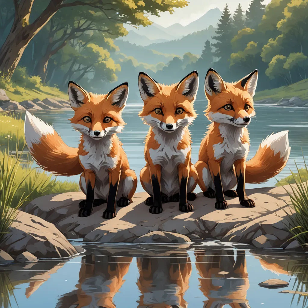 a painting of two foxes sitting on a rock by a lake with a reflection of the forest in the water, furry art, a fine art painting, Brothers Hildebrandt, official art