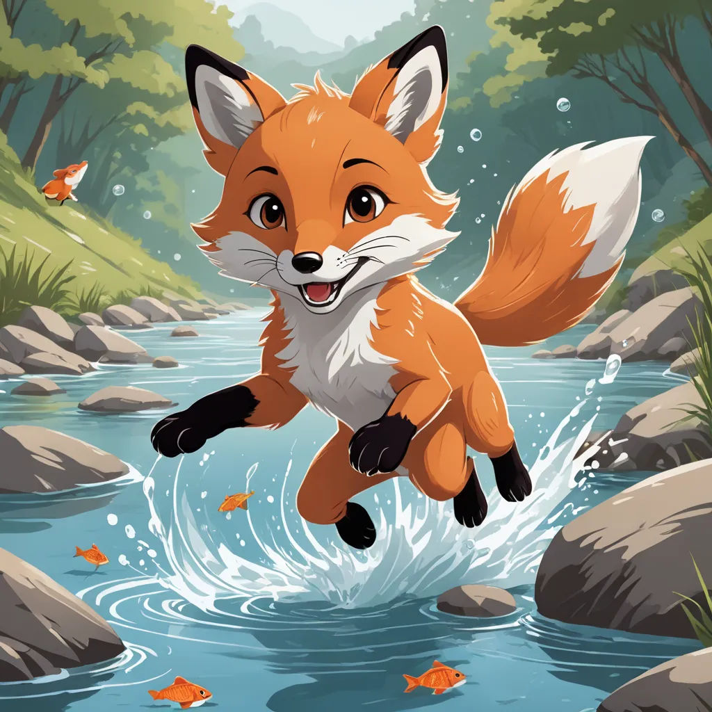 a cartoon fox jumping into a stream of water with fish around it and a forest background with rocks and grass, furry art, a storybook illustration, Cliff Childs, official art