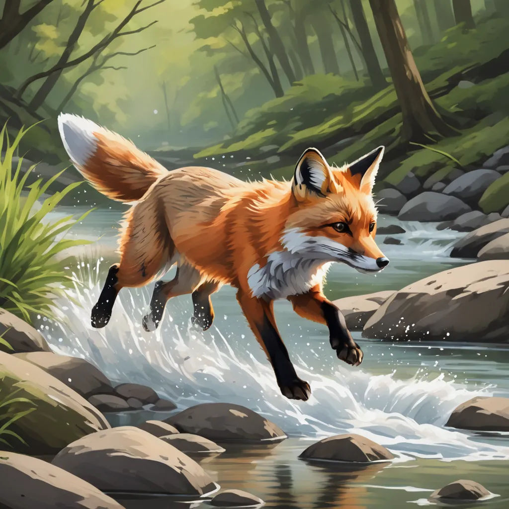 a painting of a fox running through a river in the woods with rocks and grass around it, with a stream running through the rocks, furry art, a digital painting, Dan Mumford, official art