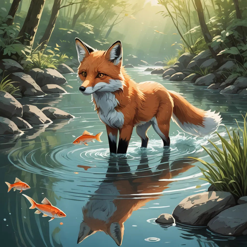 a fox standing in a river with fish in it's mouth and a forest background with rocks and grass, furry art, a storybook illustration, Dan Mumford, trending on art station
