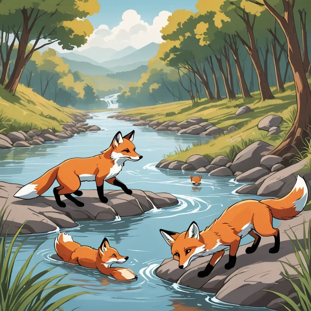 a painting of a fox crossing a river in a forest with rocks and grass, and another fox in the water, environmental art, a storybook illustration, Dan Mumford, storybook illustration
