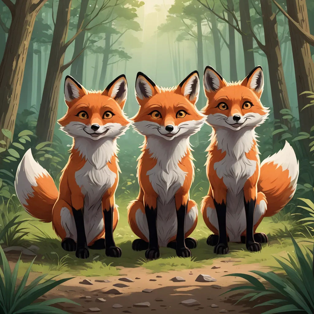 three foxes are sitting in the woods together, looking at the camera and smiling at the camera man is standing behind them, furry art, a storybook illustration, Dan Mumford, official art