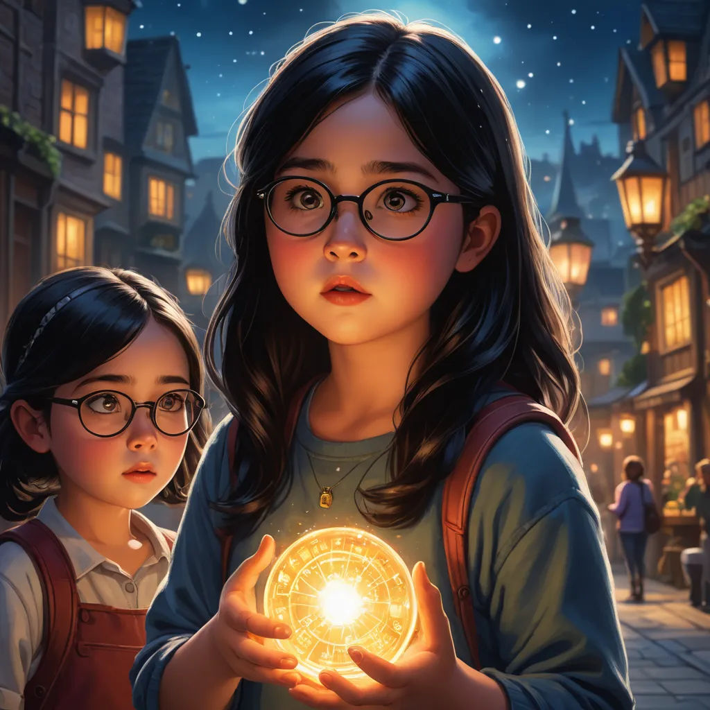 a girl holding a glowing ball in her hands and a girl in glasses looking at it with a glowing orb in her hand, fantasy art, a storybook illustration, Brad Kunkle, rossdraws global illumination