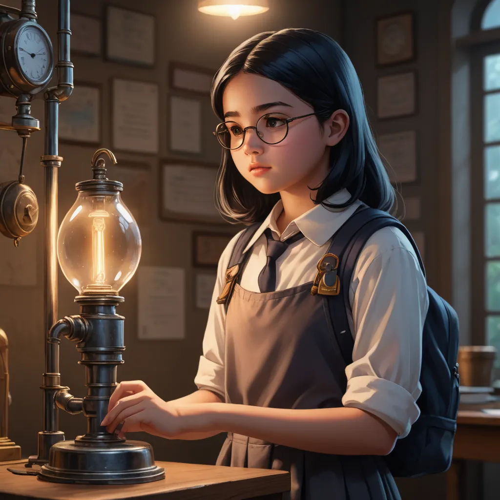 a girl is standing next to a lamp and a clock on a table in a room with many books, photorealism, computer graphics, Artgerm, rossdraws global illumination