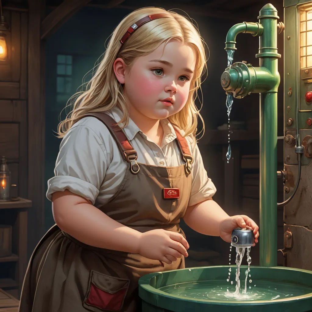 a little girl is drinking water from a green faucet in a room with a green pipe and a green water fountain, fantasy art, a detailed painting, Bob Byerley, trending on art station