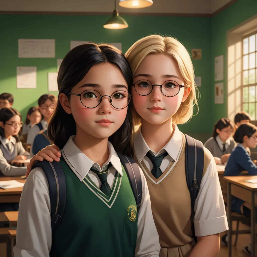 two girls in school uniforms standing next to each other in front of a classroom full of students in desks, paris school, a comic book panel, Artgerm, cgstudio