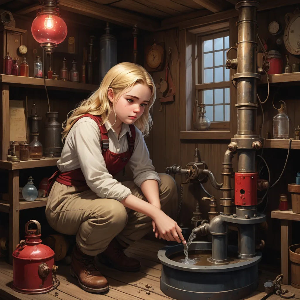 a painting of a girl working on a machine in a room with many other items on the shelves and a lamp, photorealism, a storybook illustration, Bob Byerley, highly detailed digital painting