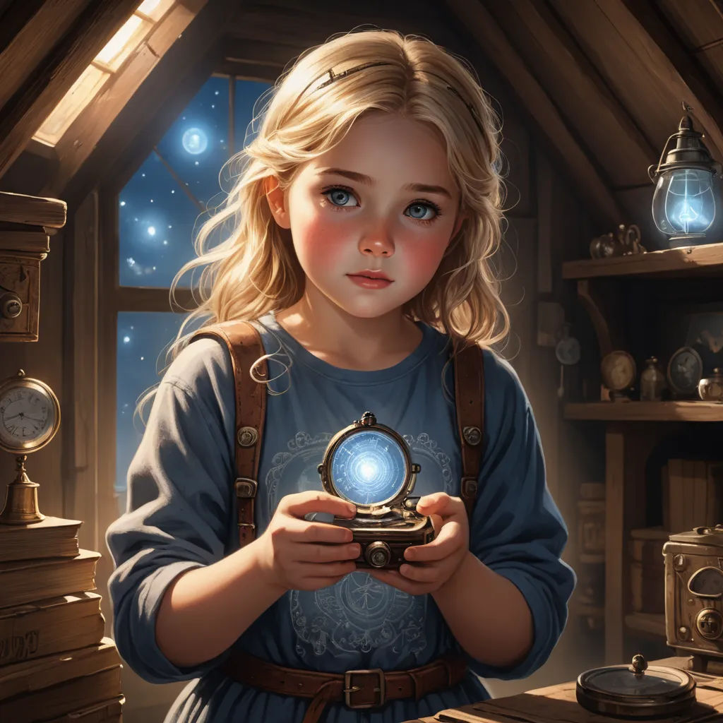 a little girl holding a glowing orb in her hands in a room with a clock and other items on the shelves, fantasy art, a storybook illustration, Charlie Bowater, rossdraws global illumination