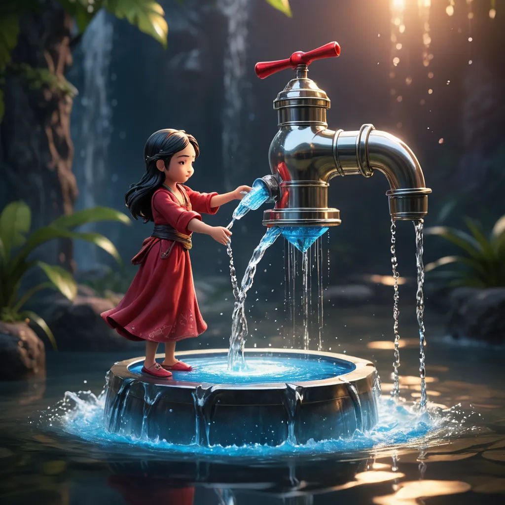 a little girl is playing with a water faucet in a pond of water with a red umbrella, photorealism, a detailed matte painting, Chris LaBrooy, rossdraws global illumination