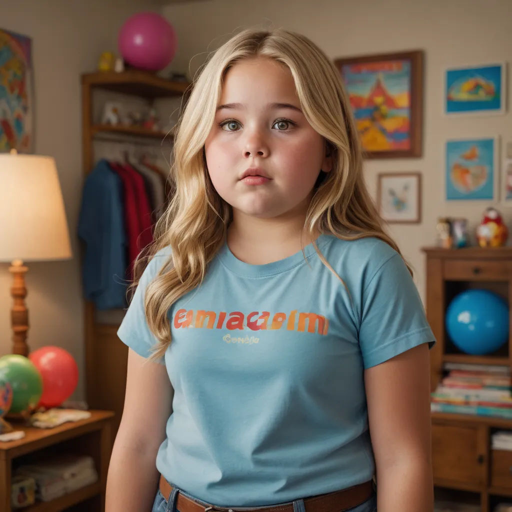 a young girl standing in a room with a lamp on the table and a wall with pictures on it, retrofuturism, a character portrait, Chica Macnab, promotional image