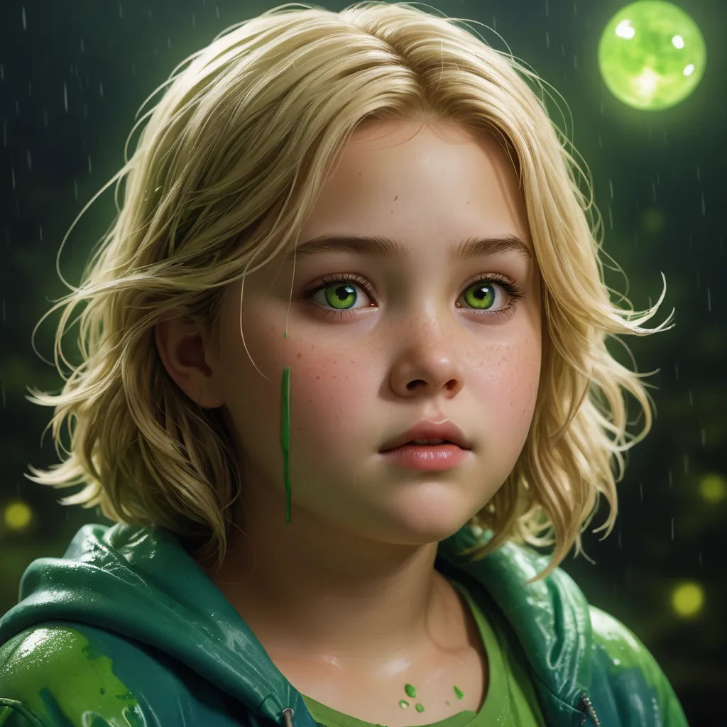 a young girl with green eyes and a green hoodie on, staring at the camera with a green drop of water on her face, photorealism, a photorealistic painting, Eddie Mendoza, ultra realistic digital art