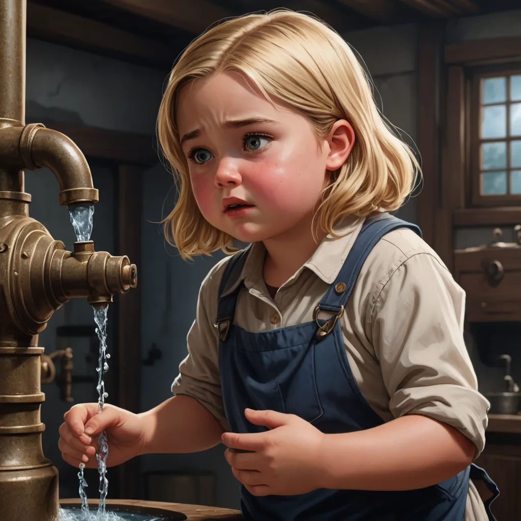 a little girl is drinking water from a faucet in a kitchen sink, while wearing a blue apron, fantasy art, an ultrafine detailed painting, Clint Cearley, trending on art station