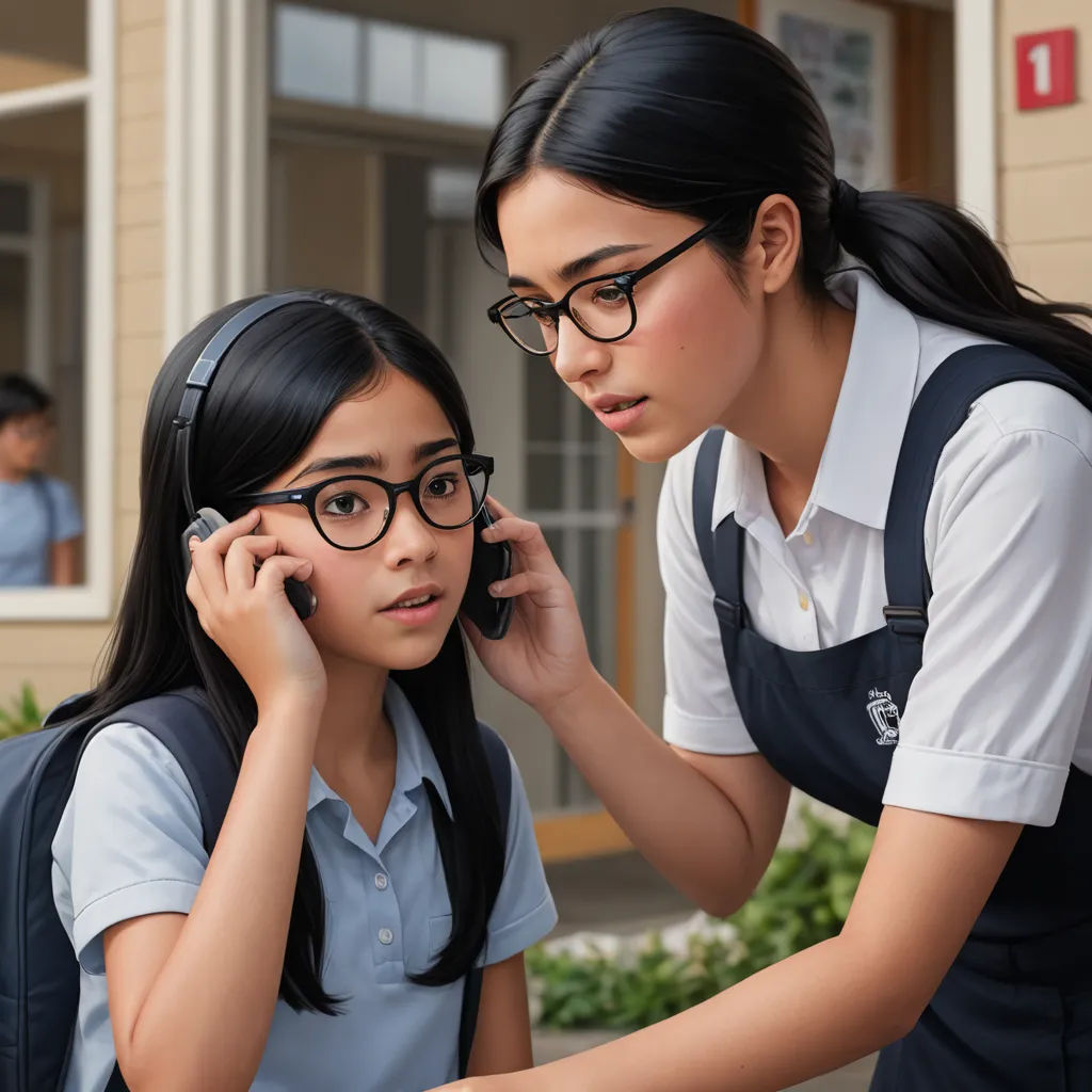 a woman talking on a cell phone next to a girl in a school uniform and a girl in a uniform, vancouver school, a stock photo, Ada Gladys Killins, promotional image