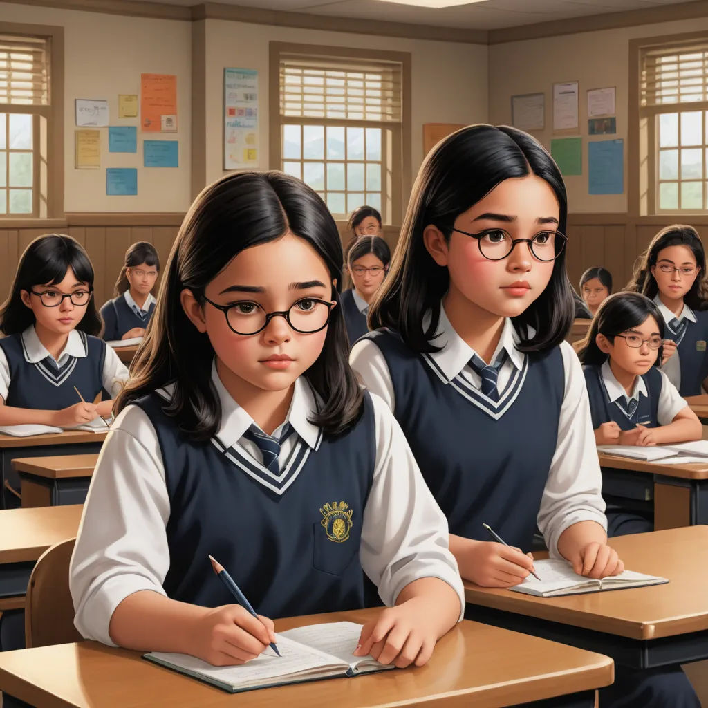 a painting of two girls sitting at desks with a book and pen in front of them, and a third girl standing behind them, serial art, a comic book panel, F Scott Hess, official art