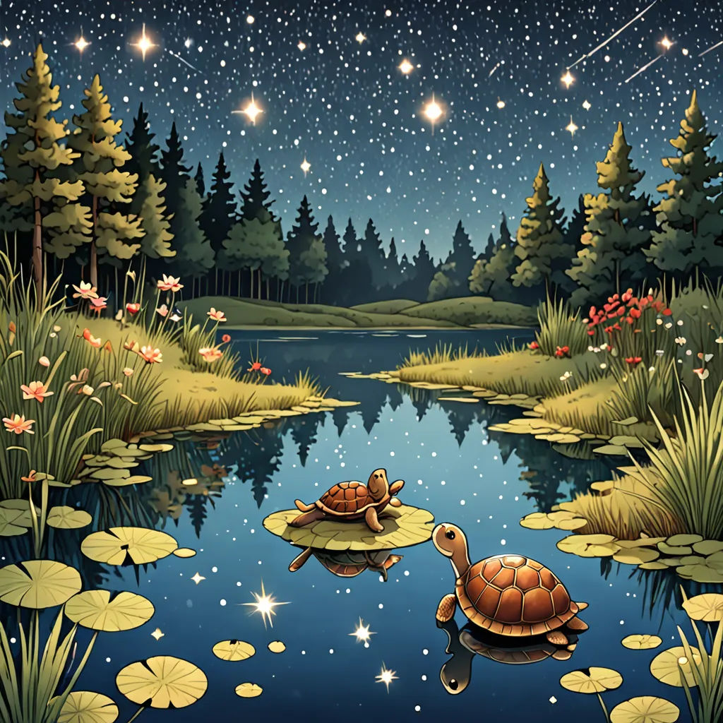 a painting of two turtles on a lily pad in a pond with lily pads and stars in the sky, magical realism, a storybook illustration, Chris LaBrooy, storybook illustration