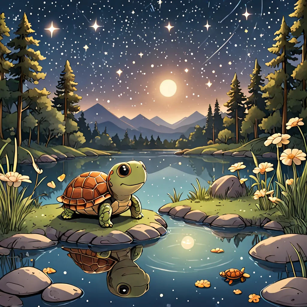 a turtle sitting on a rock in a pond at night with stars and moon in the sky above it, space art, a storybook illustration, Dan Mumford, storybook illustration
